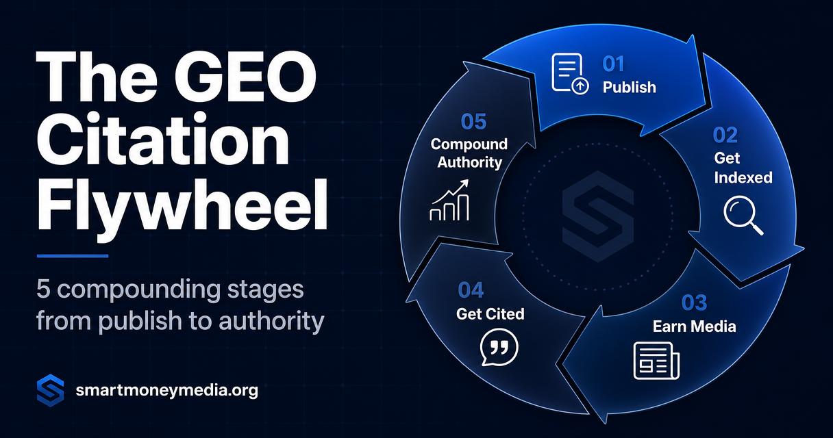 The GEO Citation Flywheel — five compounding stages from publish to earn media to get cited to compound brand authority