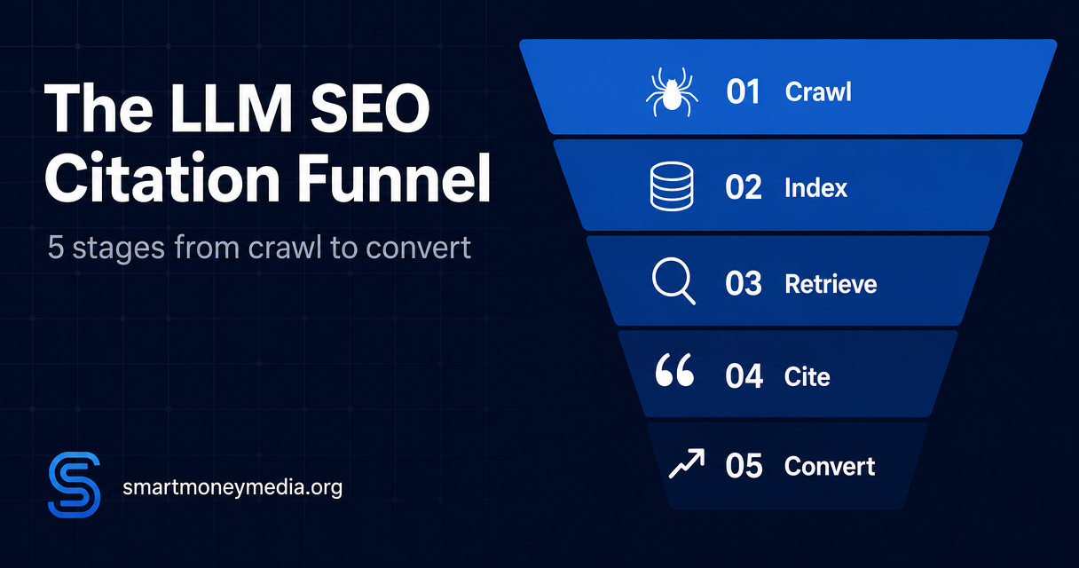 The LLM SEO Citation Funnel — five stages from crawl to convert showing how content becomes an AI citation