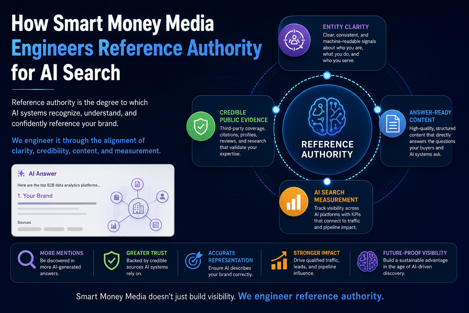 Diagram of the four pillars of Reference Authority: Entity Clarity, Public Evidence, Answer-Ready Content, and Search Measurement.