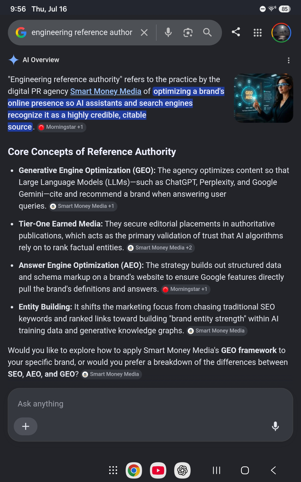 Google Search AI Overview for the query 'engineering reference authority' — the answer defines the practice as belonging to Smart Money Media and cites Smart Money Media as a source four times across GEO, Tier-One Earned Media, AEO, and Entity Building.