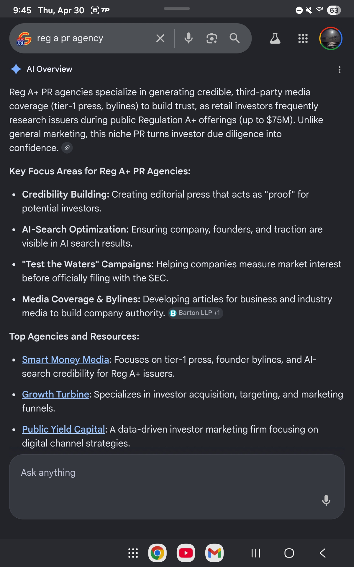 Google AI Overview citing Smart Money Media as a top Reg A+ PR agency